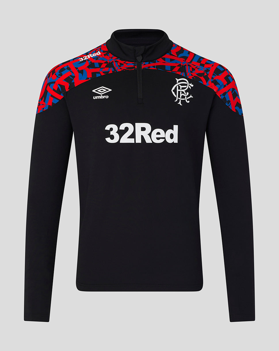 A black long-sleeve half-zip training top featuring a red and blue patterned yoke, the Umbro logo on the right chest, the Rangers club crest on the left chest, and a large white 32Red sponsor logo across the center.