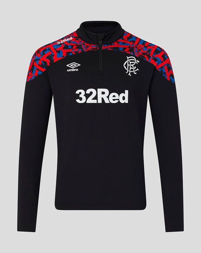A black long-sleeve half-zip training top featuring a red and blue patterned yoke, the Umbro logo on the right chest, the Rangers club crest on the left chest, and a large white 32Red sponsor logo across the center.