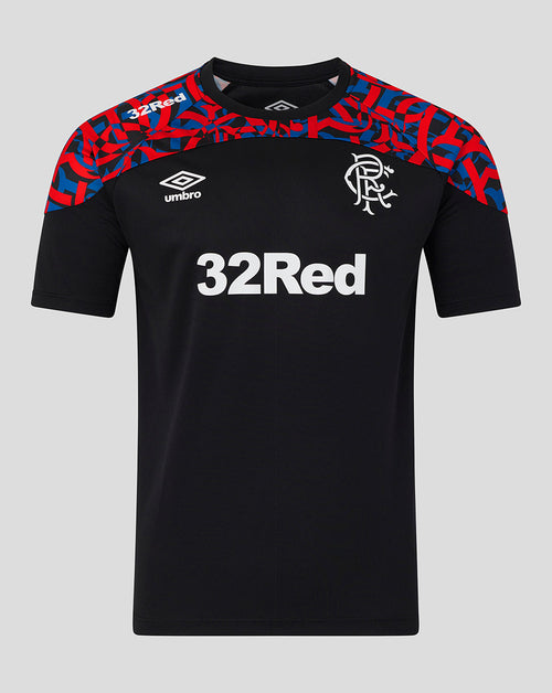 Black short-sleeve soccer jersey with red and blue patterned shoulder panels, white Umbro logo, 32Red sponsor text, and a Rangers crest on the chest, shown on a light gray background.