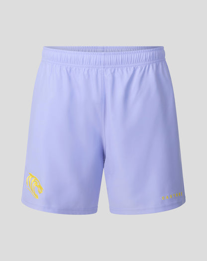 Light purple athletic shorts with a yellow graphic logo on the left leg and 'CASTORE' text on the right leg, shown against a neutral gray background.