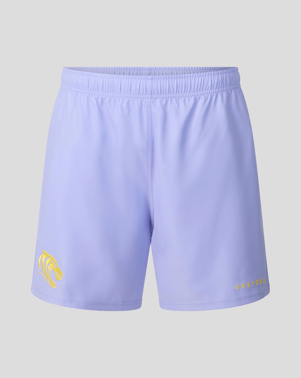 Light purple athletic shorts with a yellow graphic logo on the left leg and 'CLIP-TOO' text on the right leg, shown against a neutral gray background.