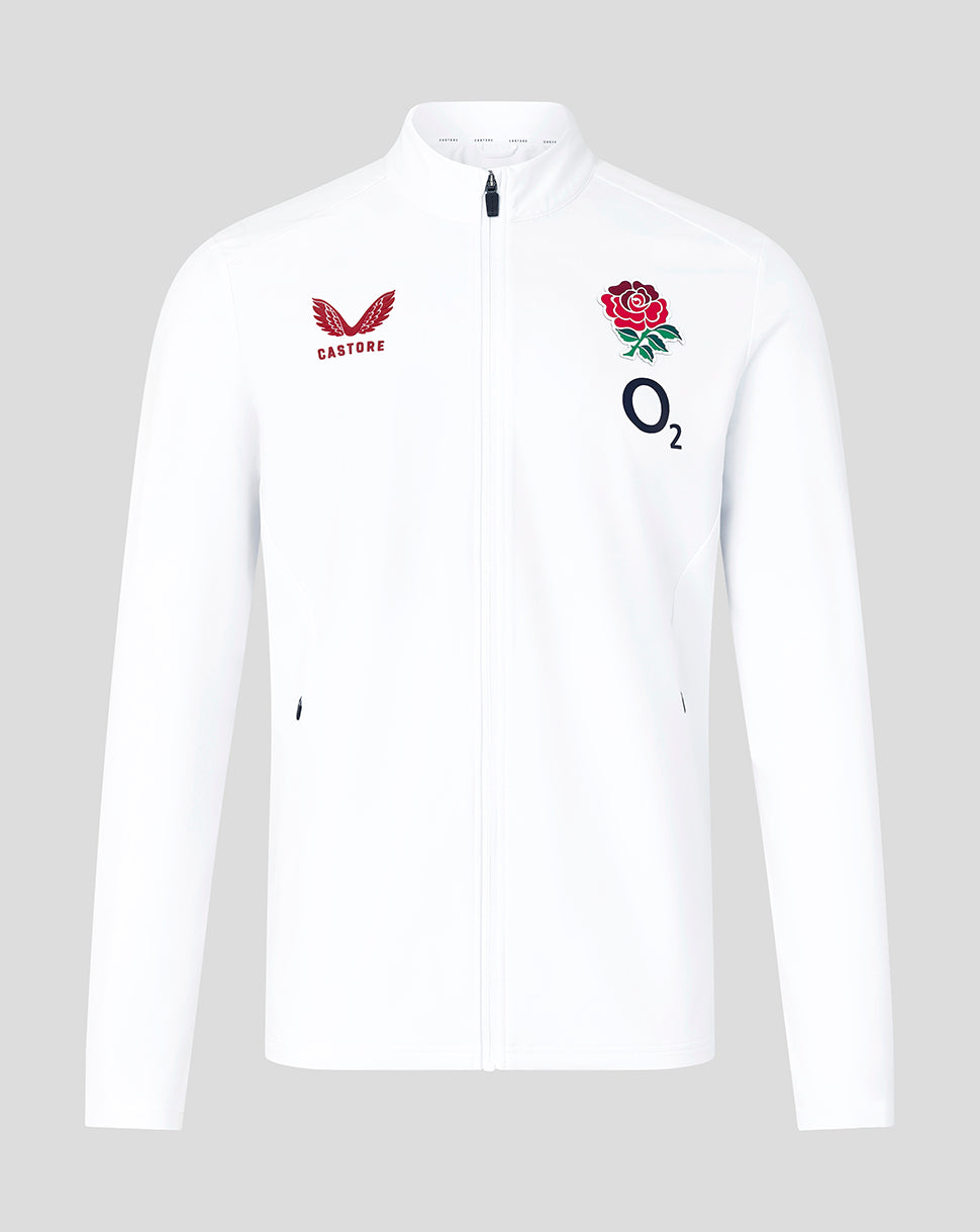 White England Rugby 26/27 Anthem Jacket front view with Castore branding red rose emblem and O2 branding