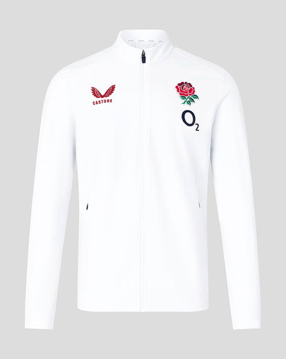 White England Rugby 26/27 Anthem Jacket front view with Castore branding red rose emblem and O2 branding