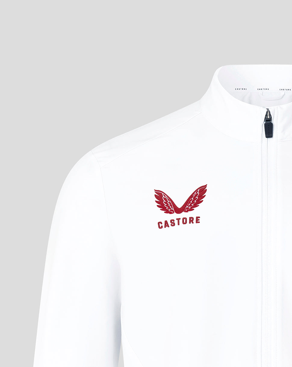Close up of white Anthem Jacket chest showing Castore logo on the left and red rose crest on the right