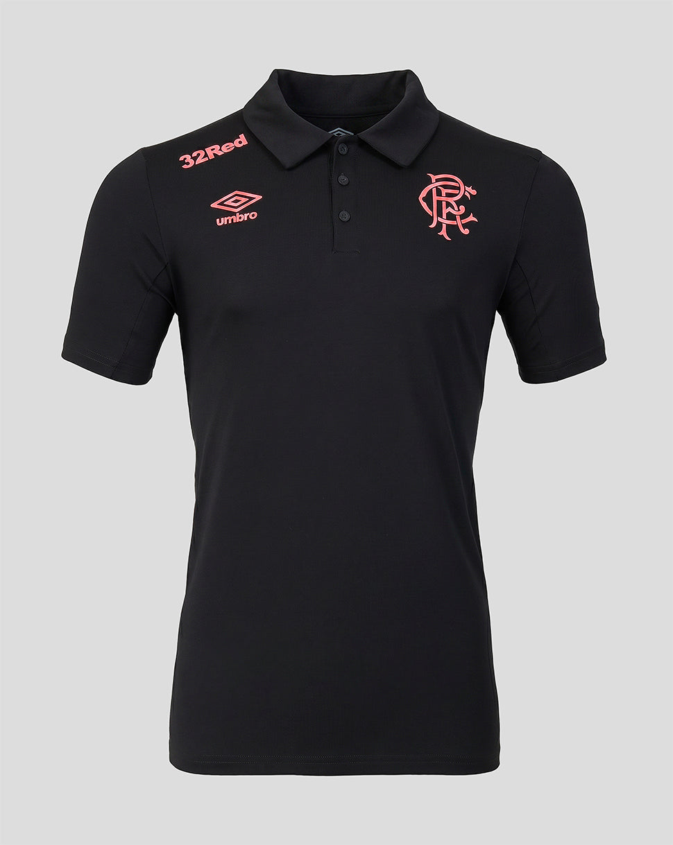 Rangers FC women's 2026/27 presentation polo in black with pink 32Red sponsor and crest on the chest