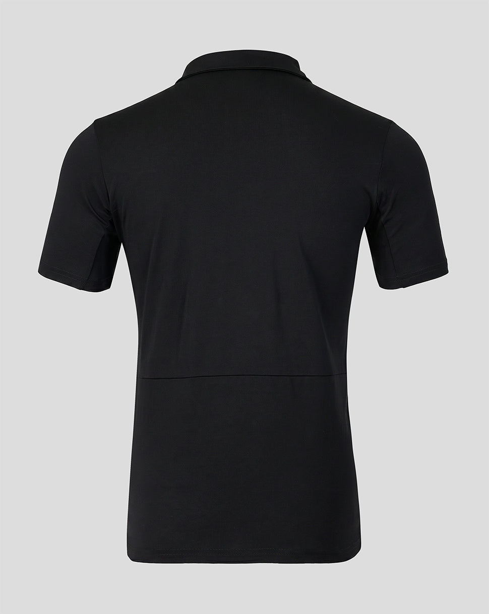 Back view of black Rangers FC presentation polo showing a clean silhouette and short sleeves