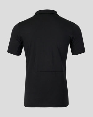 Back view of black Rangers FC presentation polo showing a clean silhouette and short sleeves