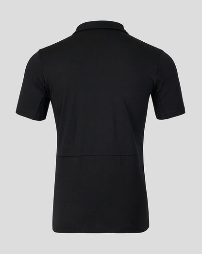 Back view of black Rangers FC presentation polo showing a clean silhouette and short sleeves