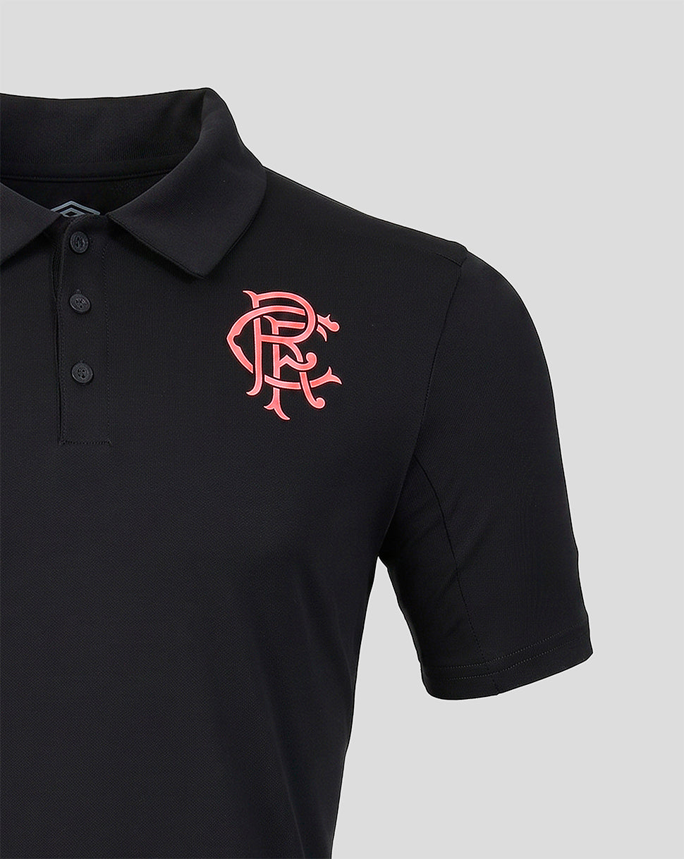 Rangers FC women's 2026/27 presentation polo in black with a pink crest on the left chest.
