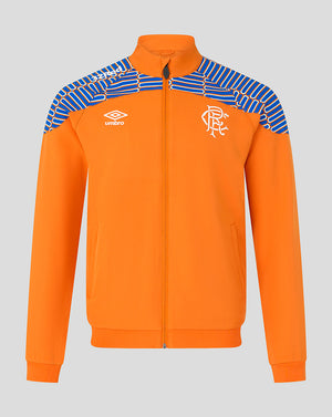 An orange full-zip track jacket with blue and white striped patterned shoulder panels, featuring the Umbro logo on the right chest and the Rangers FC crest on the left chest, shown against a solid gray background.