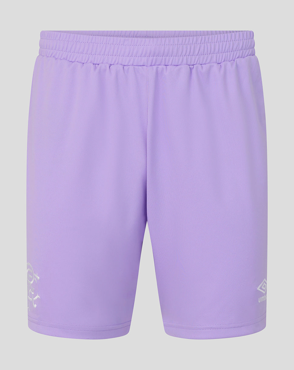 Light purple athletic shorts with an elastic waistband, featuring a small white Umbro logo on the lower left leg, shown against a neutral gray background.
