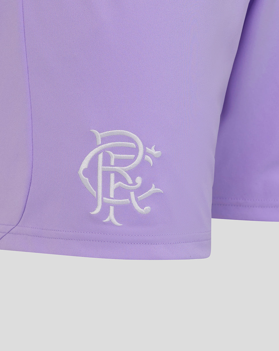 Close-up of a purple garment with a logo on a light gray background