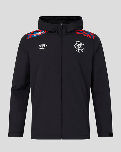 A black full-zip hooded jacket featuring the white Umbro logo on the right chest and the Rangers FC crest on the left chest, with red and blue graphic details on the shoulders, shown against a solid gray background.