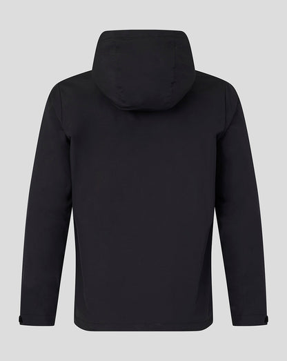 A black hooded jacket shown from the back, photographed against a solid light gray background.