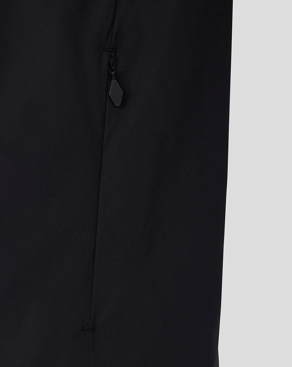 Close-up of a black garment showing a vertical seam and a small zippered pocket with a black pull tab, set against a light gray background.