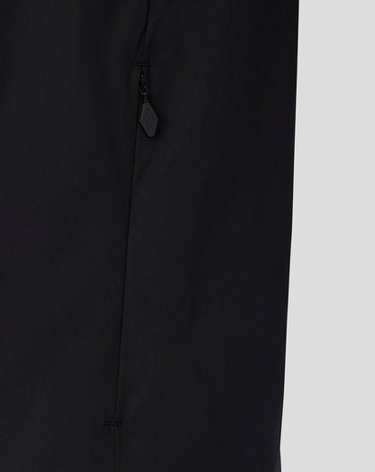 Close-up of a black garment showing a vertical seam and a small zippered pocket with a black pull tab, set against a light gray background.