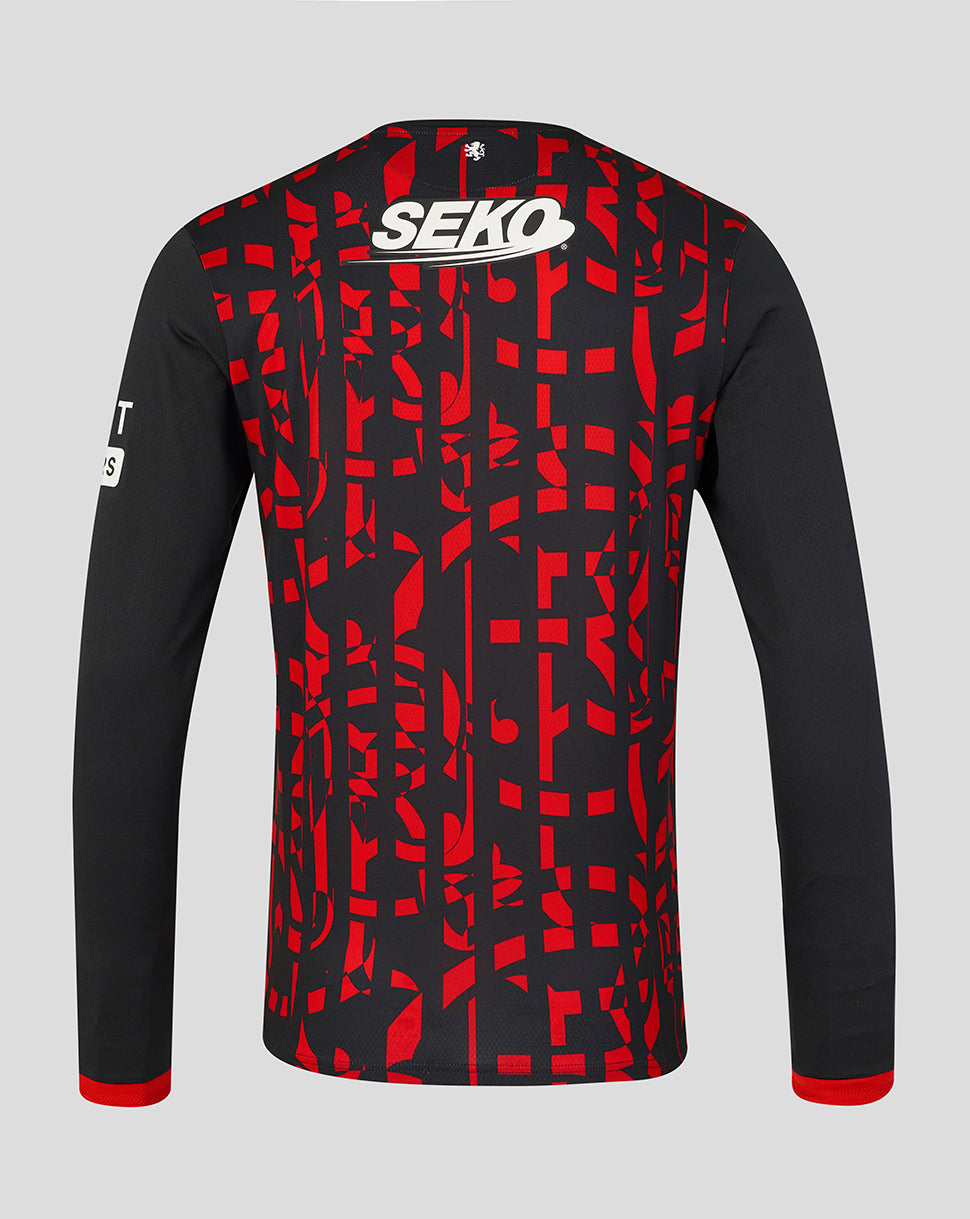 Black and red patterned long-sleeve shirt with 'SEKO' branding on a gray background