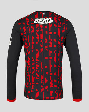 Black and red patterned long-sleeve shirt with 'SEKO' branding on a gray background