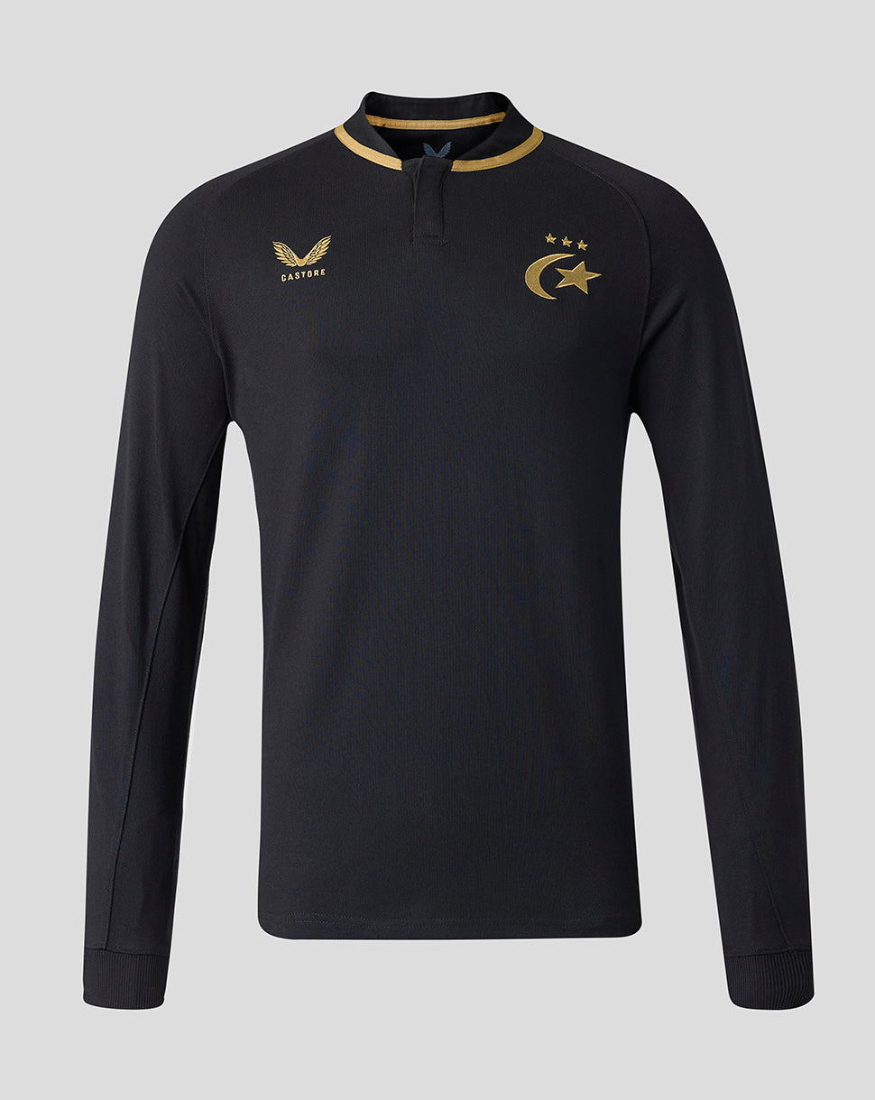 A black long-sleeve athletic quarter-zip pullover with gold accents, featuring the Saracens crescent and star emblem on the left chest, and the Castore brand logo on the right chest, shown against a solid gray background.