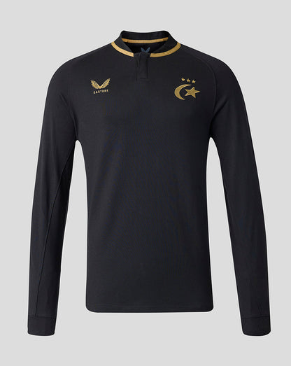 A black long-sleeve athletic quarter-zip pullover with gold accents, featuring the Saracens crescent and star emblem on the left chest, and the Castore brand logo on the right chest, shown against a solid gray background.