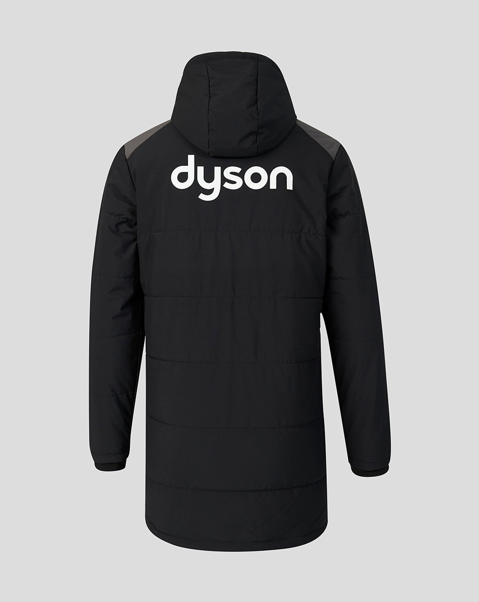 Black hooded puffer jacket shown from the back, featuring a large white 'dyson' logo across the upper back, set against a solid light gray background.