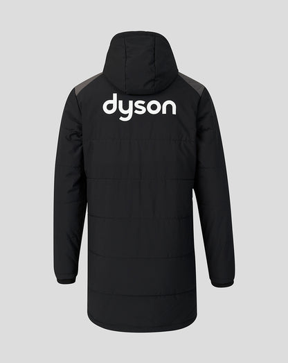 Black hooded puffer jacket shown from the back, featuring a large white 'dyson' logo across the upper back, set against a solid light gray background.