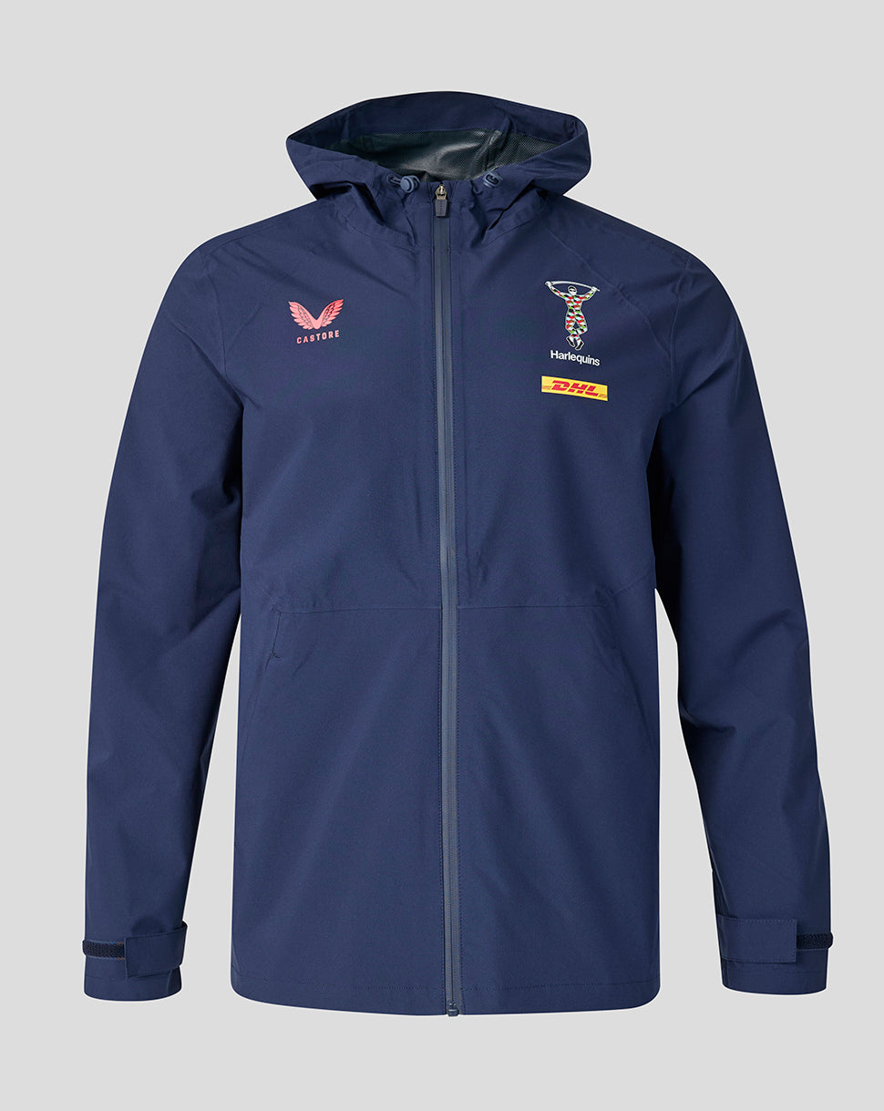 Front view of midnight navy Harlequins training rain jacket with Castore logo on the left chest and Harlequins crest with DHL sponsor on the right chest