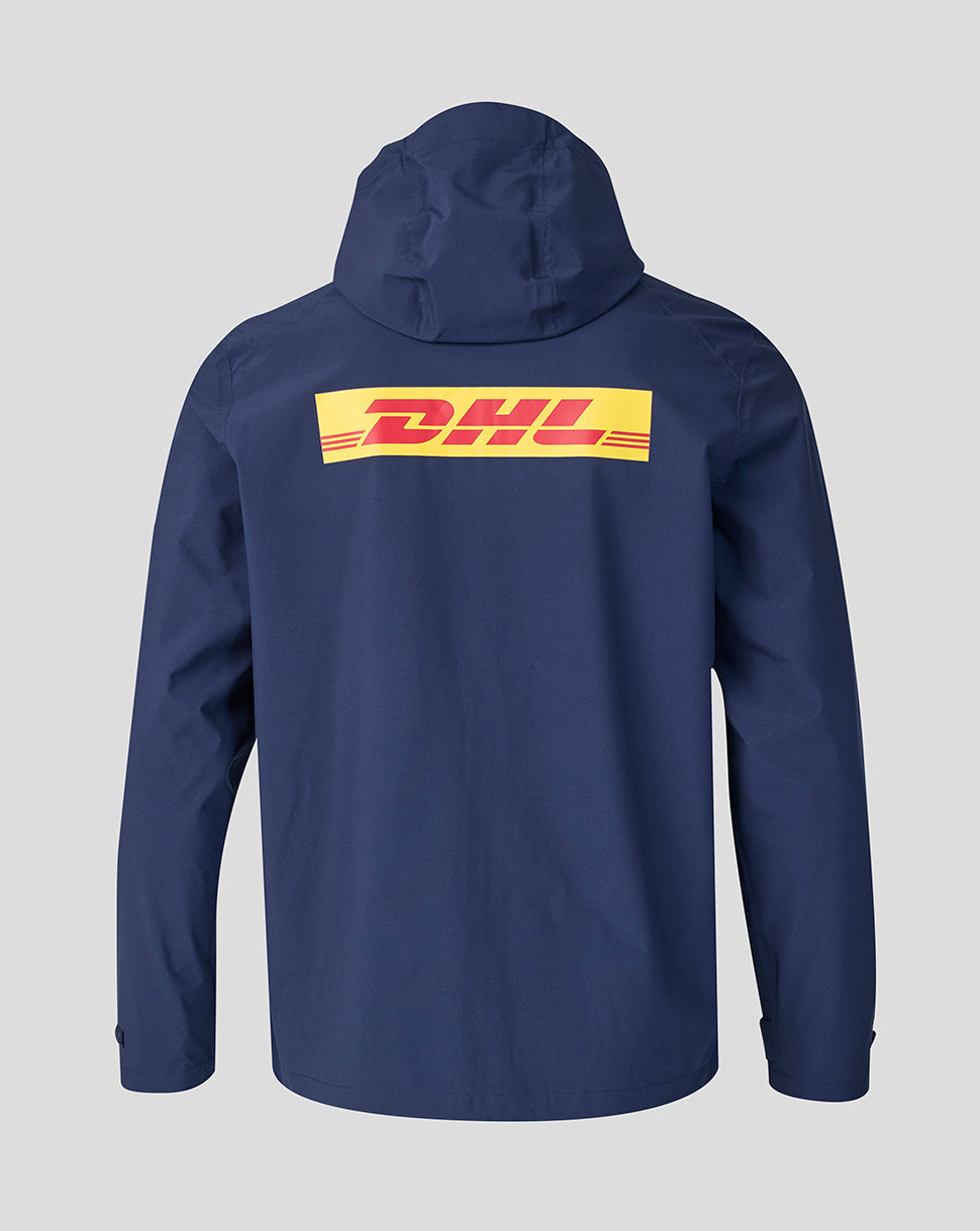 Back view of midnight navy Harlequins training rain jacket with a large DHL logo across the back