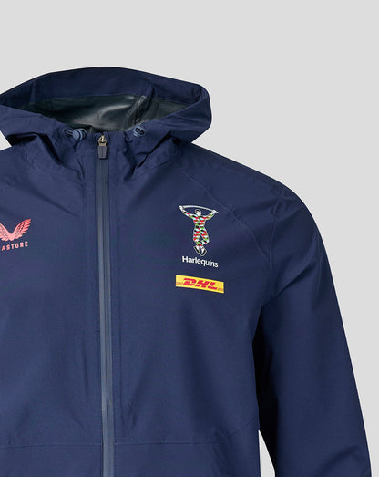 Unisex navy training rain jacket with hood showing Harlequins crest and DHL logo on chest