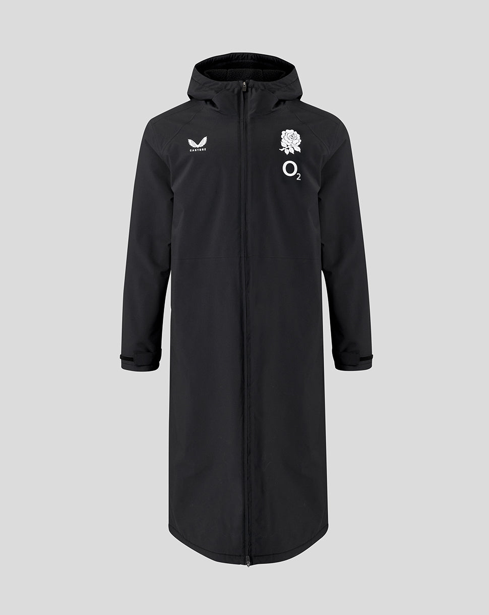 Black raincoat with logos on a gray background