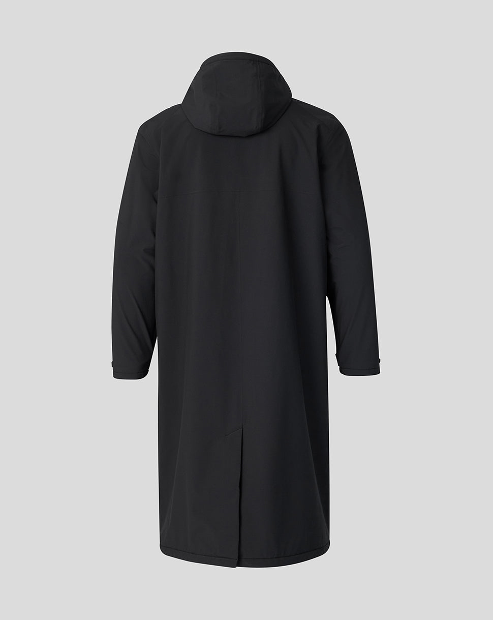 Black coat with a hood on a light gray background