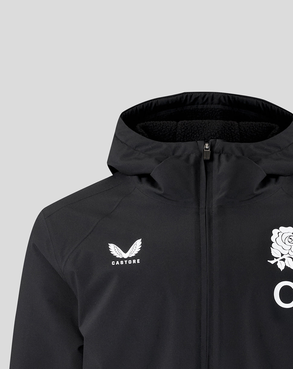 Black jacket with white logos on a light gray background