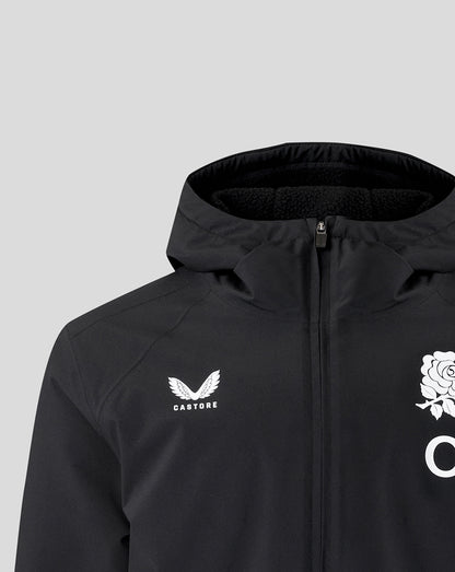 Black jacket with white logos on a light gray background
