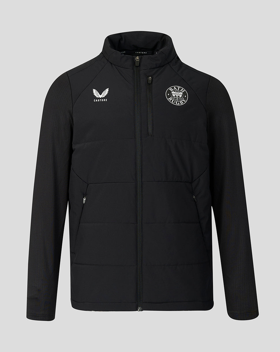 A black full-zip jacket with a stand-up collar, featuring a white castorelogo on the right chest and a circular club crest on the left chest, displayed on a solid gray background.