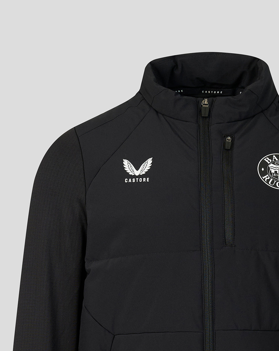 A close-up of a black athletic jacket featuring a white winged logo with the word 'CASTORE' on the left chest and a circular crest on the right chest, set against a solid light gray background.