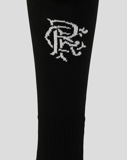 Black sock with a white logo on a light gray background