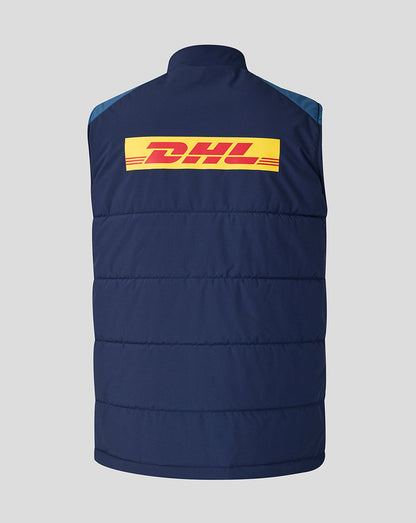 Navy blue puffer vest with DHL logo on a gray background