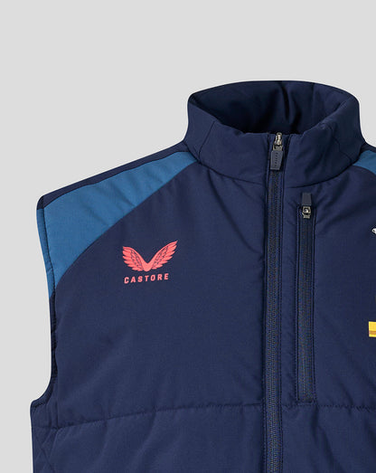 Navy blue vest with red logo and text on a light gray background