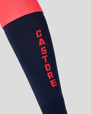 Side view of navy England Rugby Juniors 26/27 Alternate Sock with pink vertical branding along the leg.