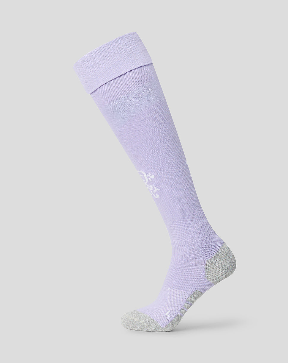 Rangers junior lilac third goalkeeper sock worn on leg with grey heel and toe.
