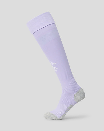 Close-up of black Rangers goalkeeper sock showing knit Rangers club text at cuff
