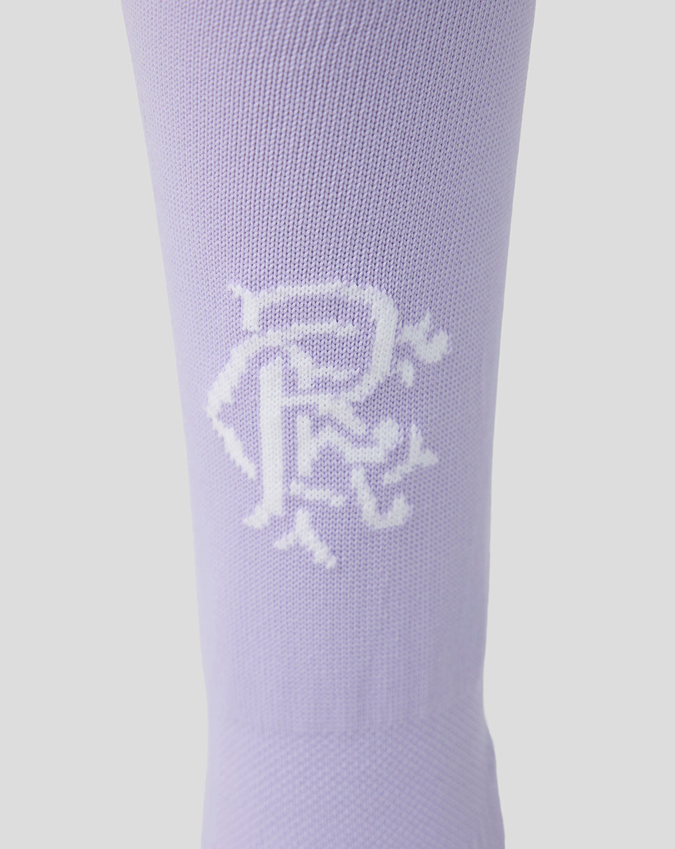 Side view of Rangers junior lilac goalkeeper sock featuring a white club crest.