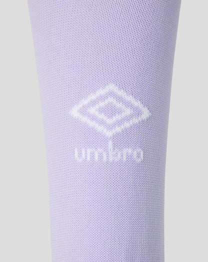Close-up of lavender Rangers third goalkeeper sock fabric with white Umbro diamond emblem.