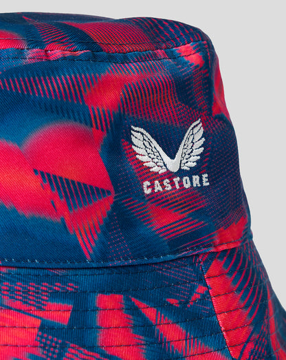Close-up of the Rhodonite patterned reversible rugby bucket hat with a white Castore wing logo.