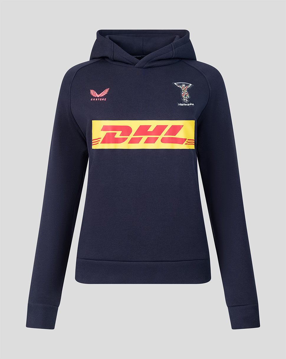 Harlequins women's 2026/27 travel hoodie in navy with crest DHL and Castore branding
