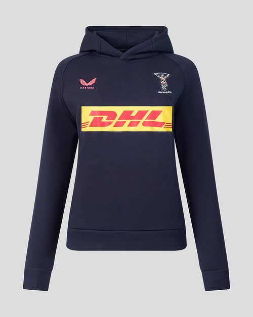 Harlequins women's 2026/27 travel hoodie in navy with crest DHL and Castore branding