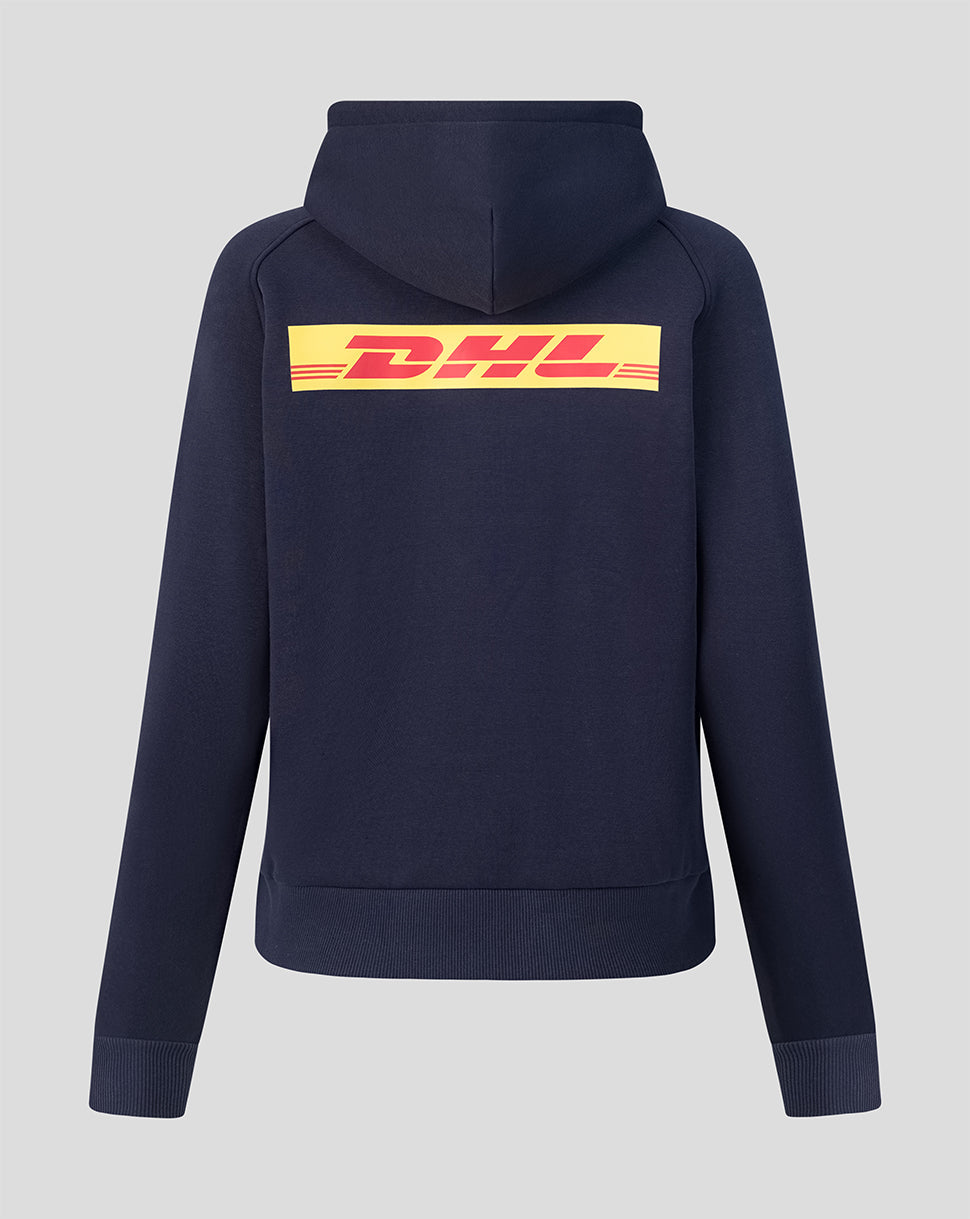 Navy Harlequins travel hoodie shown from the back with a bold DHL logo across the upper back.