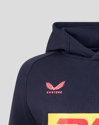 Close up of navy Harlequins travel hoodie with pink Castore logo on the chest and DHL sponsor stripe across the front.