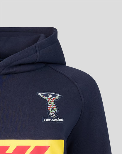 Navy travel hoodie with Harlequins crest embroidered on the chest and DHL sponsor band across the lower front.