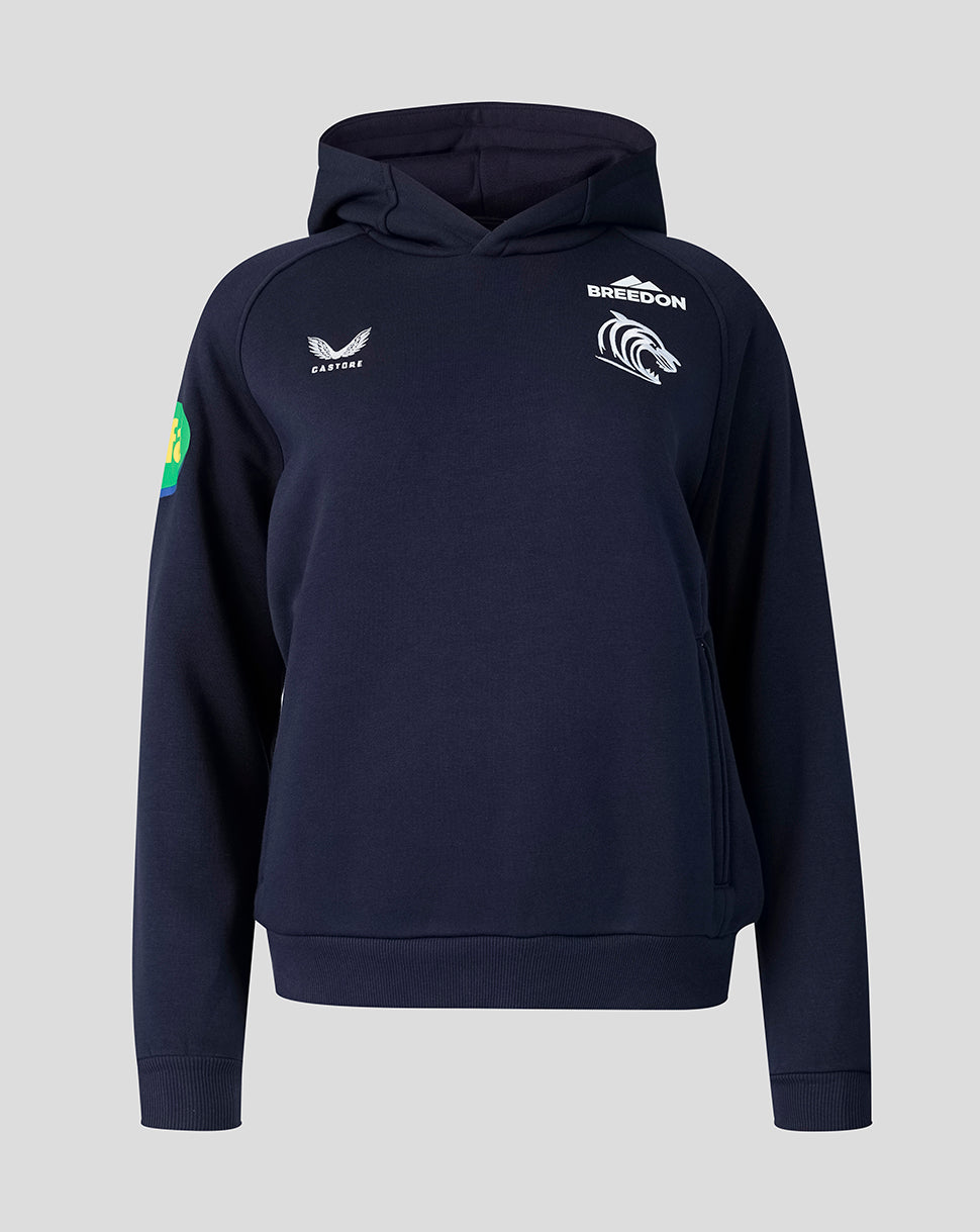Navy travel hoodie with Leicester Tigers crest and Castore branding, front view